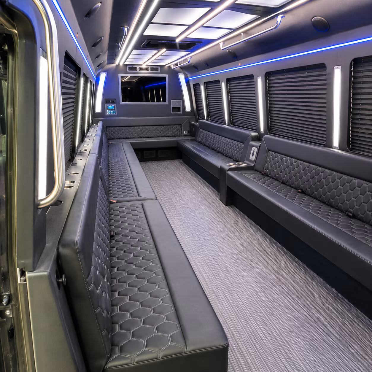 Wedding guests seated inside a party bus serving Hartford