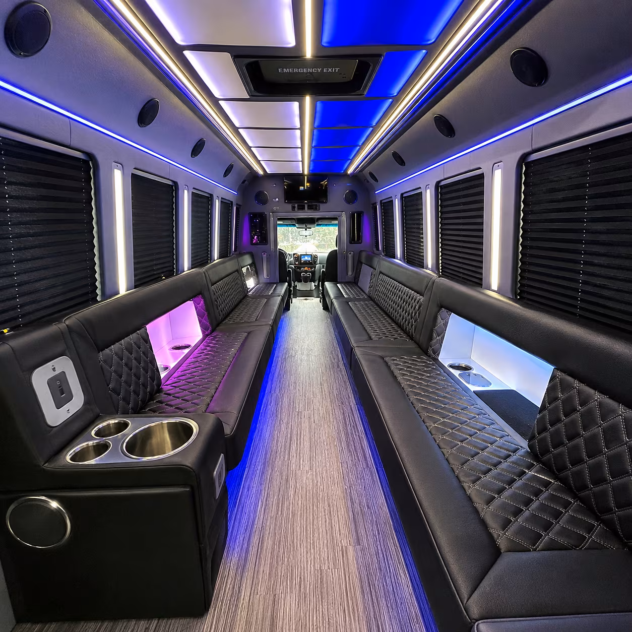 Passenger seating aboard a party bus rental serving Hartford