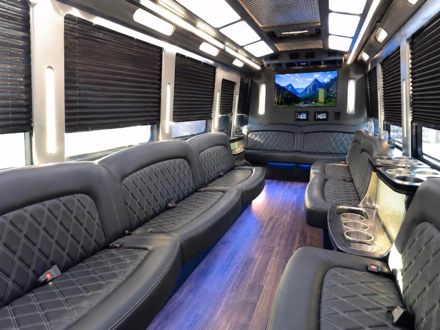Interior of a party bus rental serving Hartford